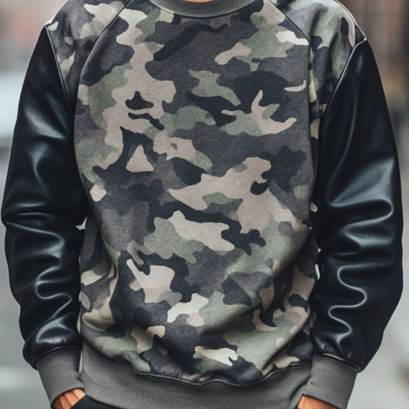 Men's Casual Classic Camouflage Patchwork Crew Neck Sweatshirt 9893975654584