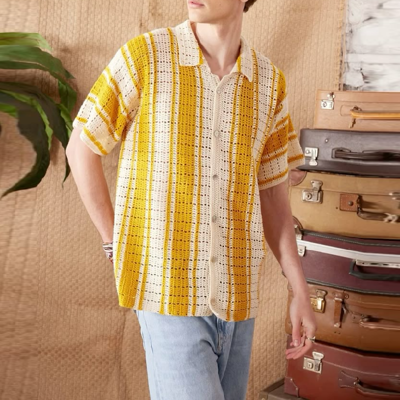 Men's Casual Contrast Striped Lapel Single-breasted Knitted Short-sleeved Cardigan 9918990254264