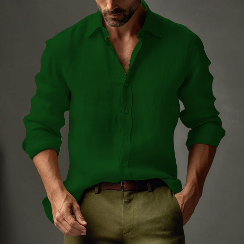 Men's Casual Solid Color Linen Lapel Slim Fit Long Sleeve Shirt 9261779681464