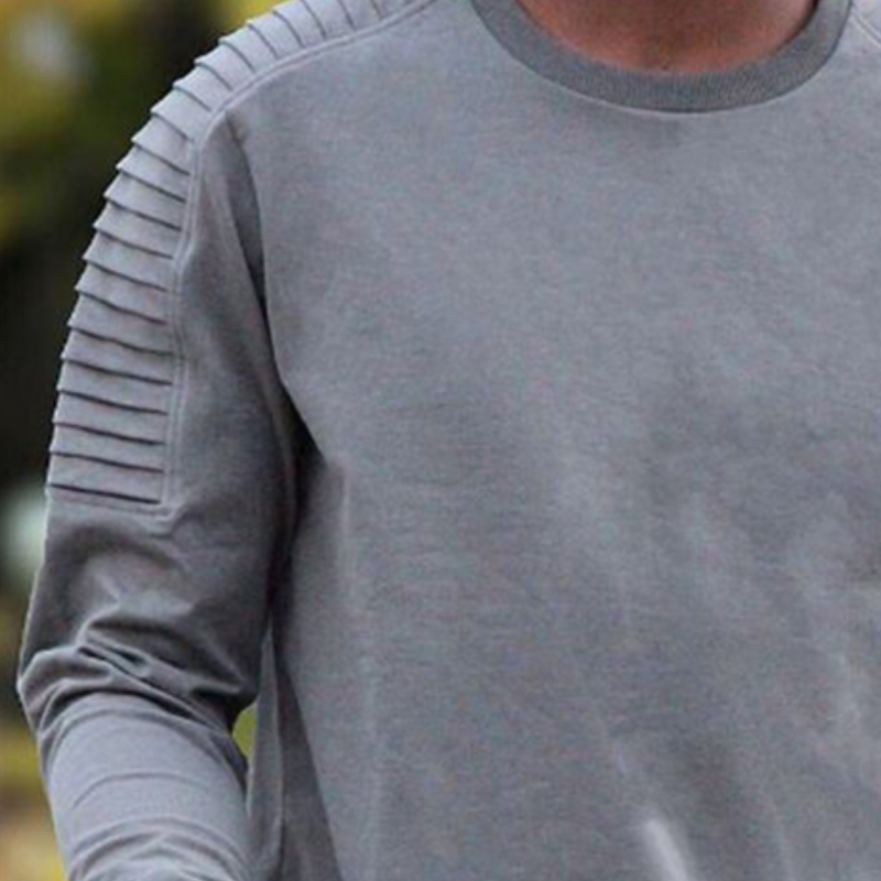 Men's Retro Casual Solid Color Pleated Round Neck Long Sleeve T-Shirt 9904629645496