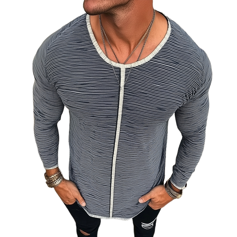 Men's Retro Casual Striped Printed Round Neck Long Sleeve T-Shirt 9893975425208