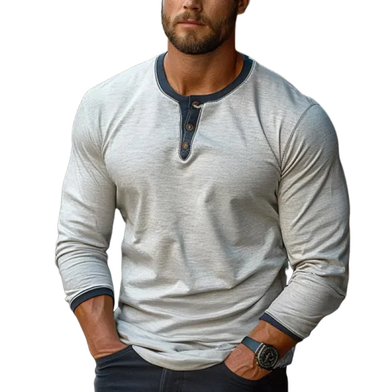Men's Casual Colorblock Henley Collar Long-Sleeved T-Shirt 9892391583928