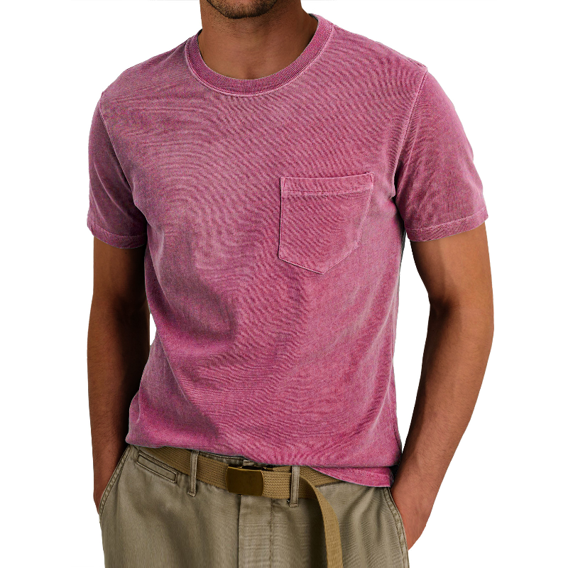 Men's Fashion Washed Round Neck Chest Pocket Short Sleeve T-Shirt 9892051976376