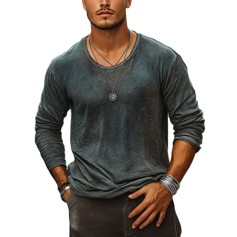 Men's Casual Crew Neck Faded Fabric Long Sleeve T-Shirt 9905396777144