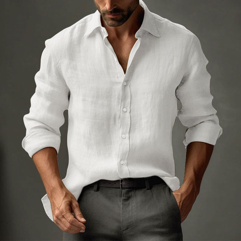 Men's Casual Solid Color Linen Lapel Slim Fit Long Sleeve Shirt 9261779681464