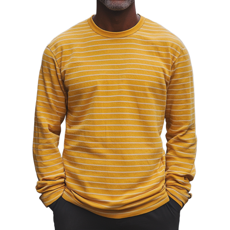 Men's Loose Striped Round Neck Long Sleeve T-Shirt 9891529195704