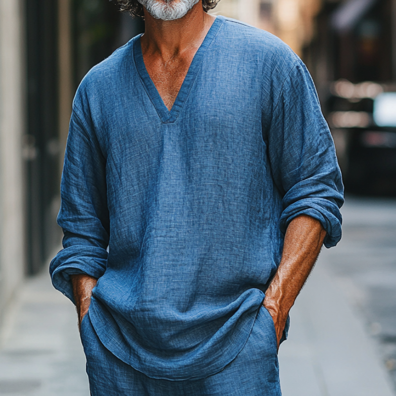 Men's Casual Deep V-neck Blue Linen Long-sleeved T-shirt 9892392337592