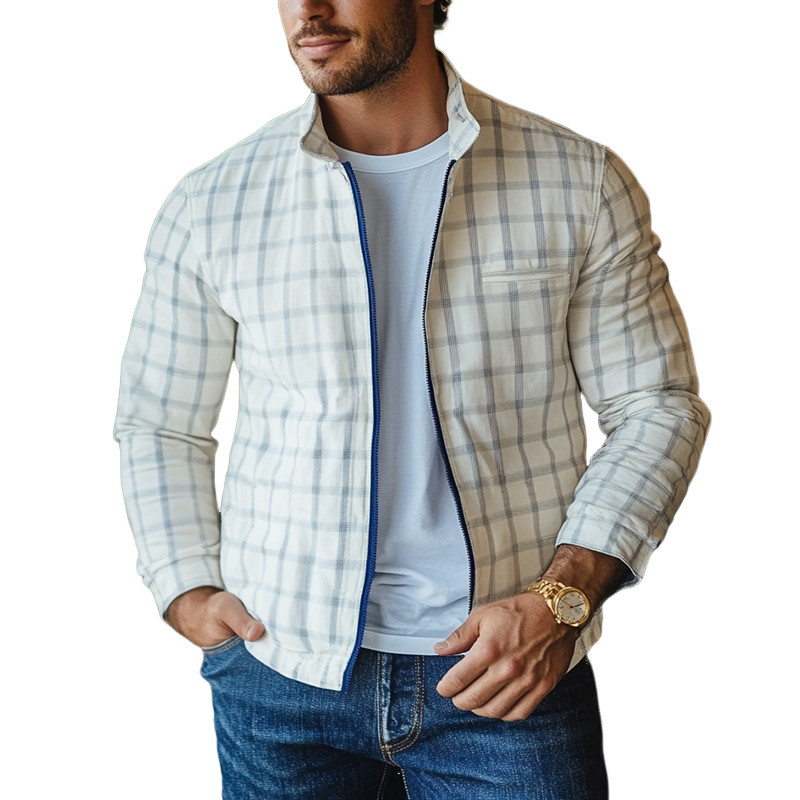 Men's Spring And Summer Plaid Stand Collar Zipper Jacket 9918990713016