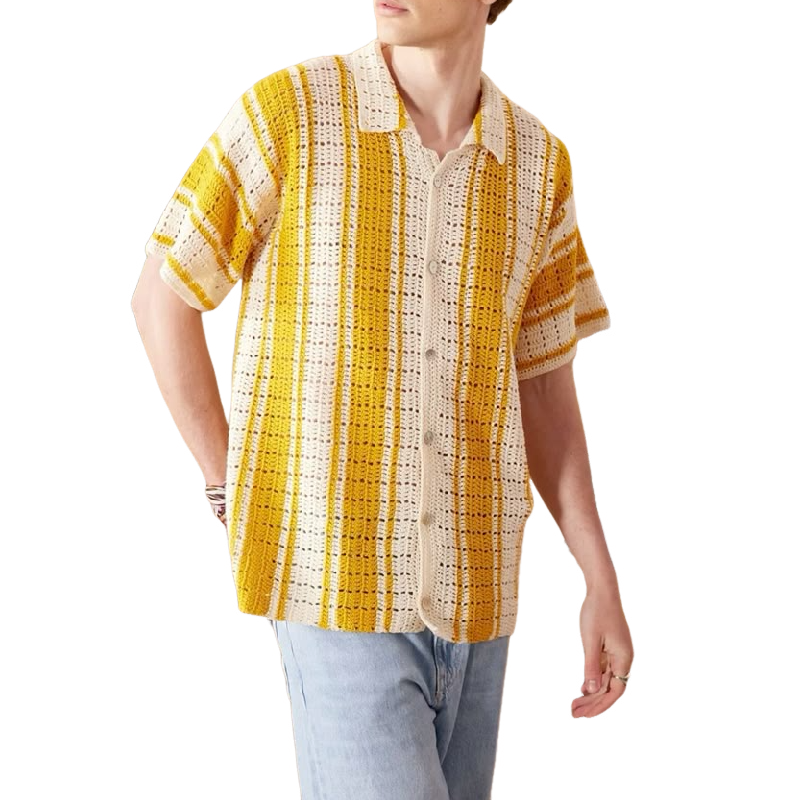 Men's Casual Contrast Striped Lapel Single-breasted Knitted Short-sleeved Cardigan 9918990254264