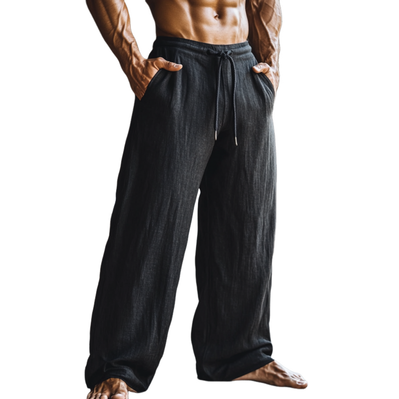 Men's Solid Color Loose Cotton And Linen Elastic Waist Casual Pants 9901320143032
