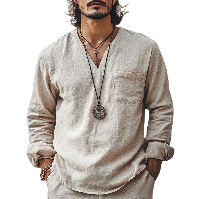 Men's Skin-friendly Casual Cotton and Linen V-neck Long-sleeved T-shirt 9892385751224