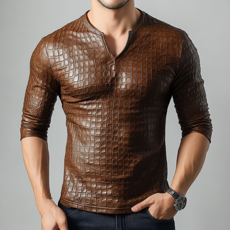 Men's Retro Casual Slim Fit V-Neck Textured Leather Long Sleeve T-Shirt 9899713691832