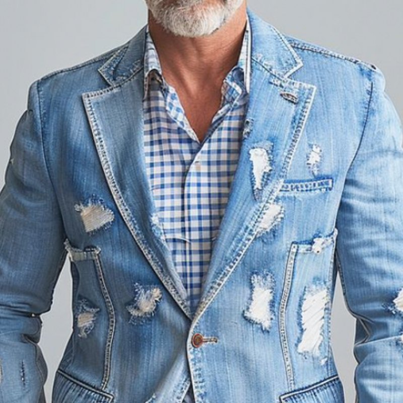 Men's Fashion Retro Casual Washed Denim Ripped Single Breasted Blazer 9918991073464