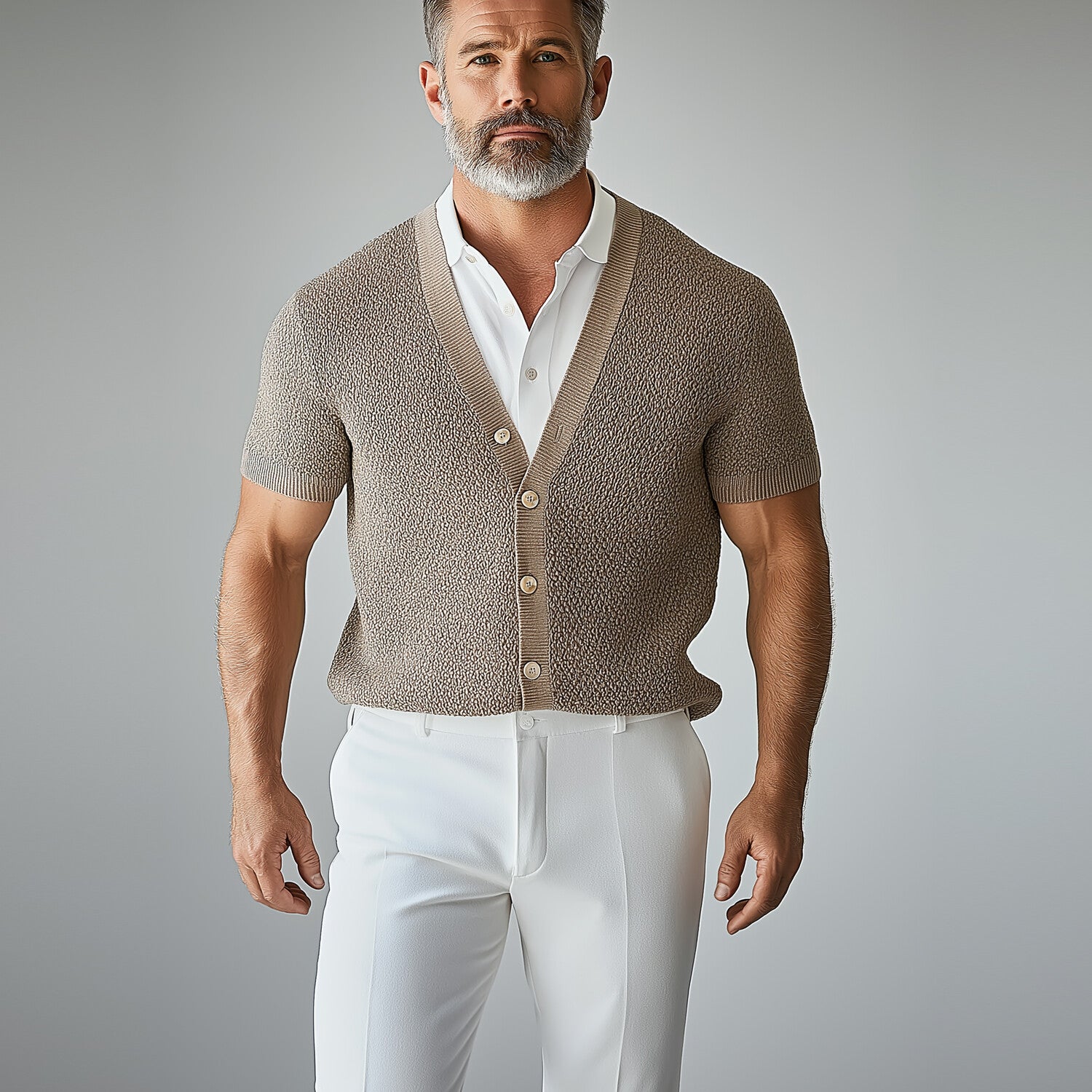 Men's V Neck Button Short Sleeve Knit Cardigan 9951401607352