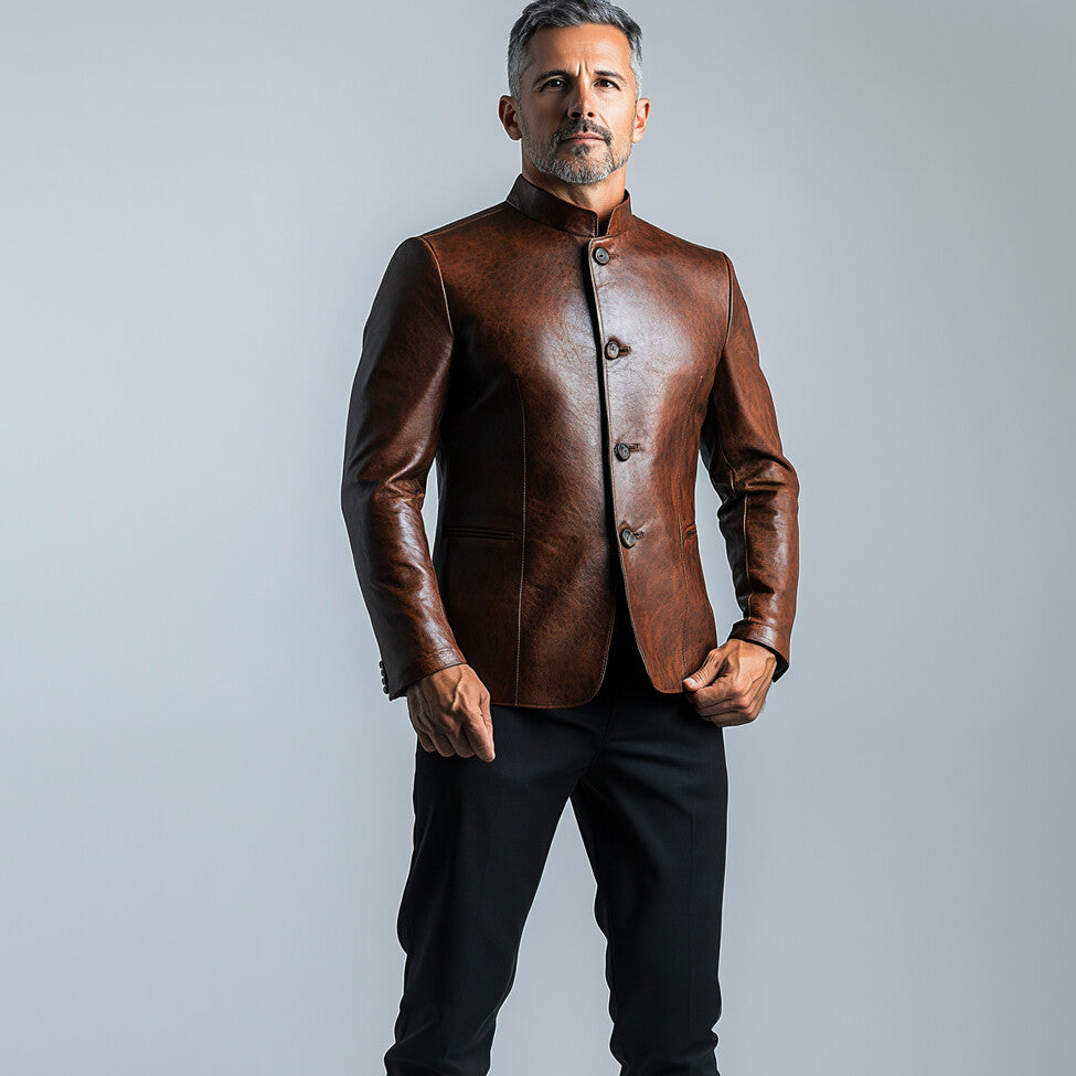 Men's Retro Stand Collar Single Breasted Long Sleeve PU Leather Jacket 9899605885112
