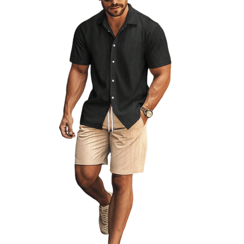 Men's Casual Contrast Color Short Sleeve Shorts Two Piece Set 9918989664440