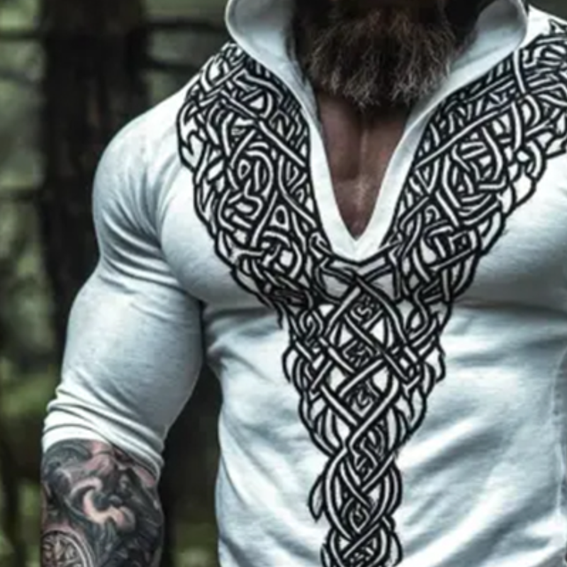 Men's Retro Casual Viking Totem Print Hooded Long Sleeve T-shirt 9901325680824