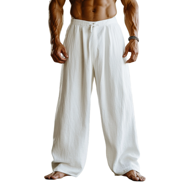 Men's Solid Color Loose Cotton And Linen Elastic Waist Casual Pants 9901319979192