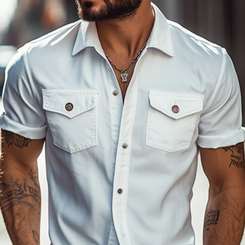 Men's Classic Casual Solid Color Slim Fit Multi-Pocket Short Sleeve Shirt 9907265339576