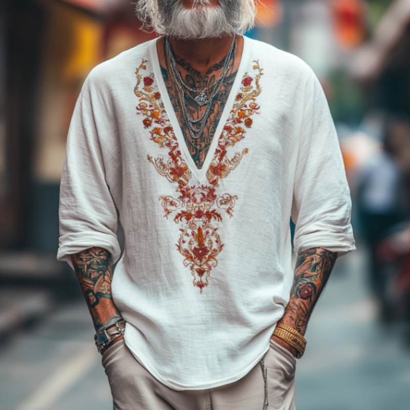 Men's Casual Vintage V-neck Cotton Blend Embroidered Long-sleeved T-shirt 9912946098360