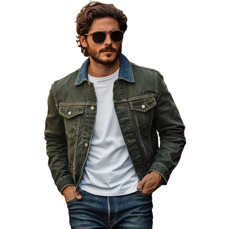 Men's Vintage Collar Patchwork Washed Denim Jacket 9911548281016