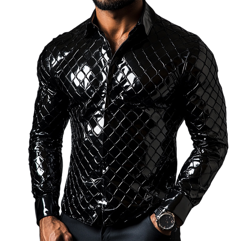 Men's Slim Fit Solid Plaid Shiny Long Sleeve Leather Shirt 9892392403128