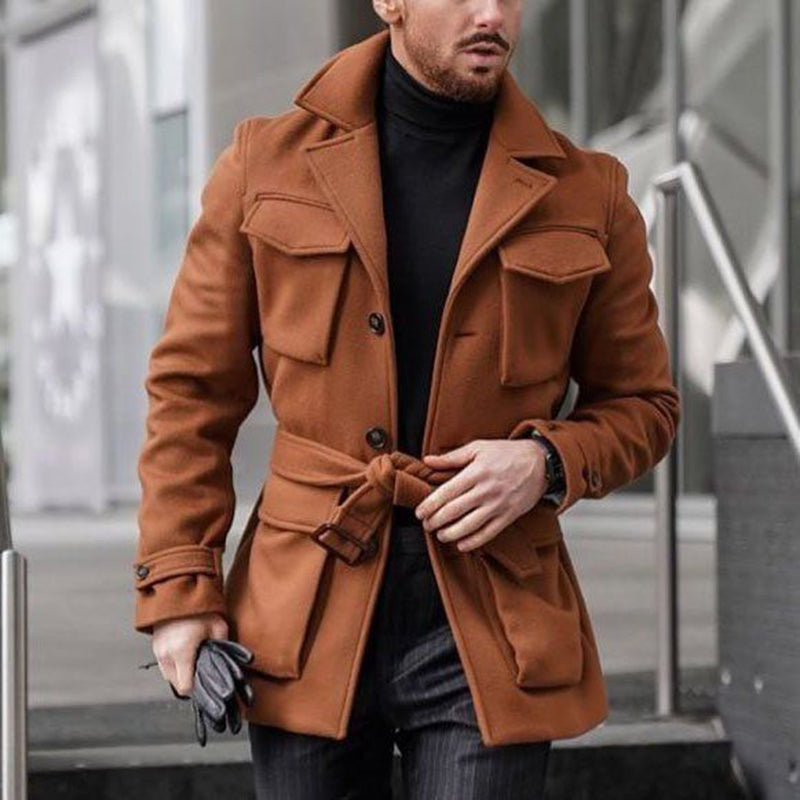 Men's Wool Blends Business Lapel Belted Overcoat Winter Casual Peacoat Jacket 9885797122232