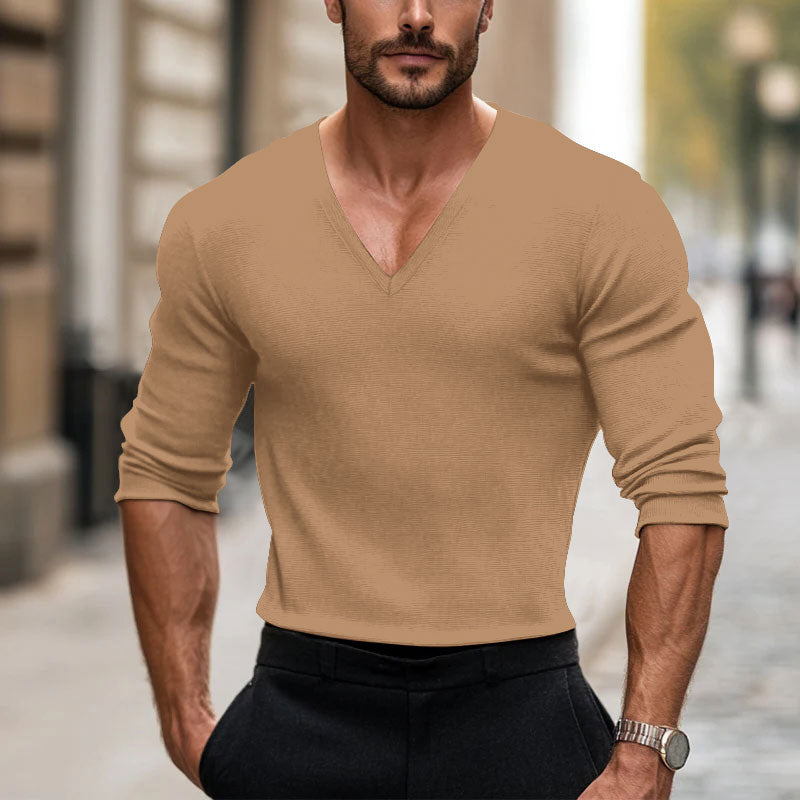 Men's V-Neck Ribbed Cotton Solid Color T-shirt 250700494
