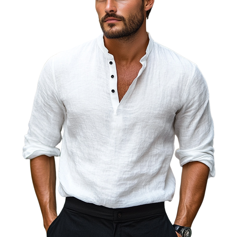 Men's Casual Solid Color Skin-friendly Cotton and Linen Long-sleeved T-shirt 9892385849528