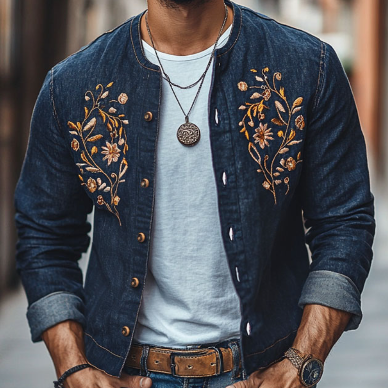 Men's Vintage Crew Neck Embroidered Single Breasted Slim Fit Denim Jacket 9892386275512