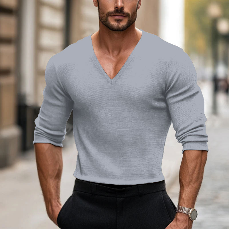 Men's V-Neck Ribbed Cotton Solid Color T-shirt 250700494