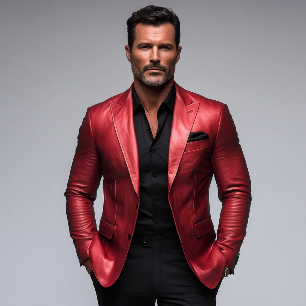 Men's PU Leather Two Button Peaked Lapel Long Sleeve Solid Blazer 9899608408248