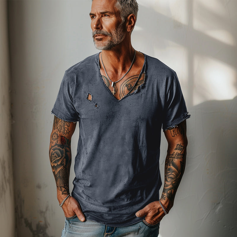 Men's Distressed Ripped Raw Edge V-Neck Short-Sleeved T-Shirt 9261118357688