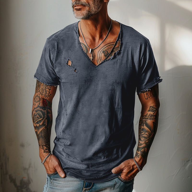 Men's Distressed Ripped Raw Edge V-Neck Short-Sleeved T-Shirt 9261118357688