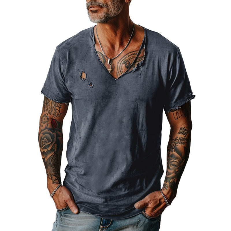 Men's Distressed Ripped Raw Edge V-Neck Short-Sleeved T-Shirt 9261118357688