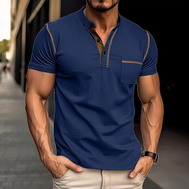 Men's Casual Colorblock Henley Collar Short Sleeve T-Shirt 9261116784824