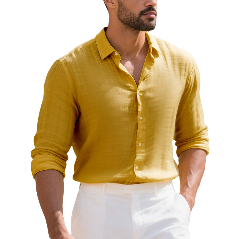 Men's Casual Solid Color Linen Lapel Slim Fit Long Sleeve Shirt 9261779681464