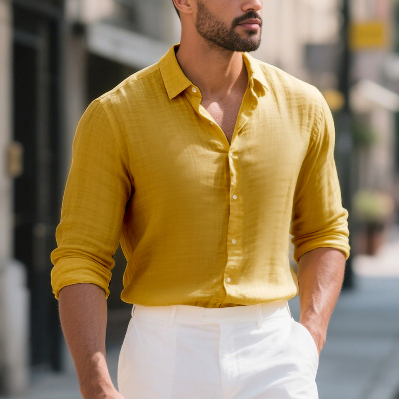 Men's Casual Solid Color Linen Lapel Slim Fit Long Sleeve Shirt 9261779681464