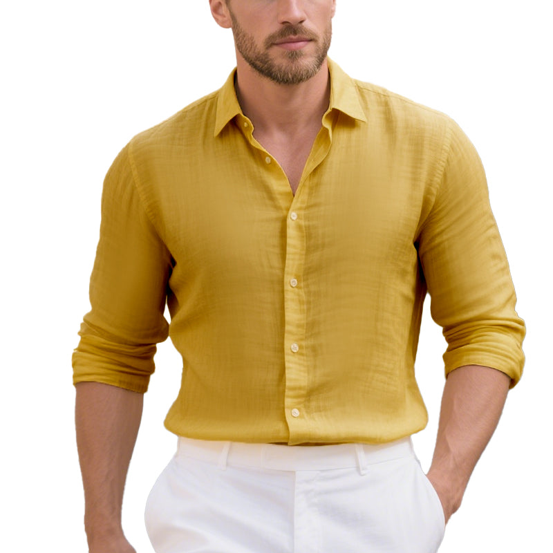 Men's Casual Solid Color Linen Lapel Slim Fit Long Sleeve Shirt 9261779681464