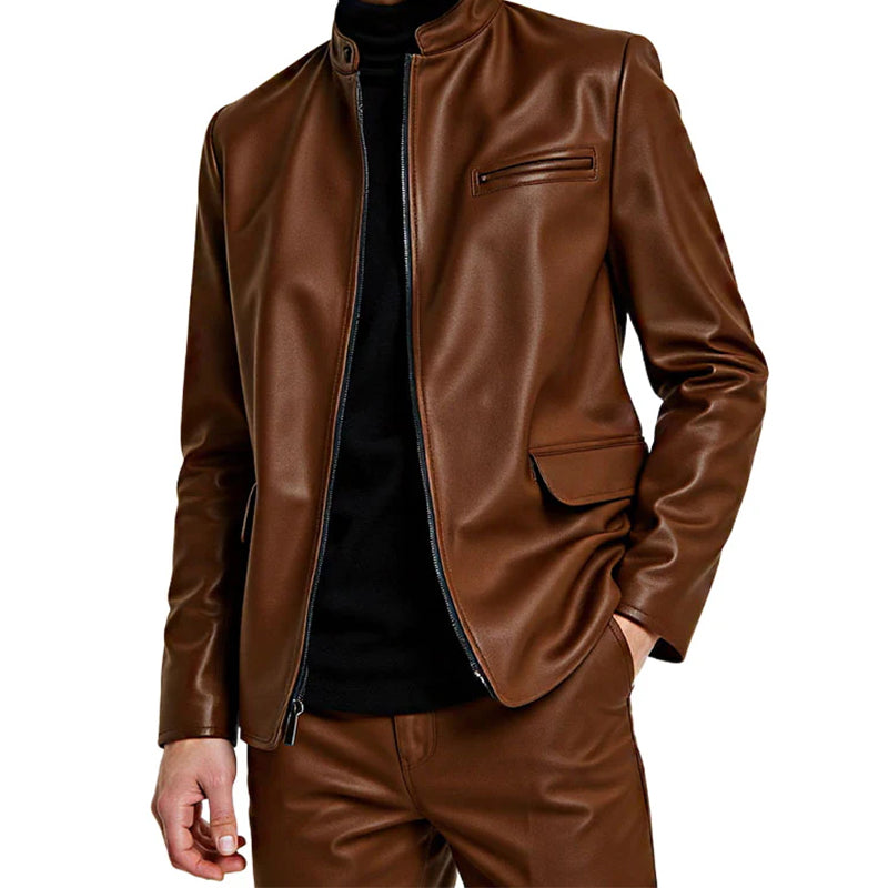 Men's Stand Up Collar Long Sleeve Leather Solid Color Jacket 9953865334968