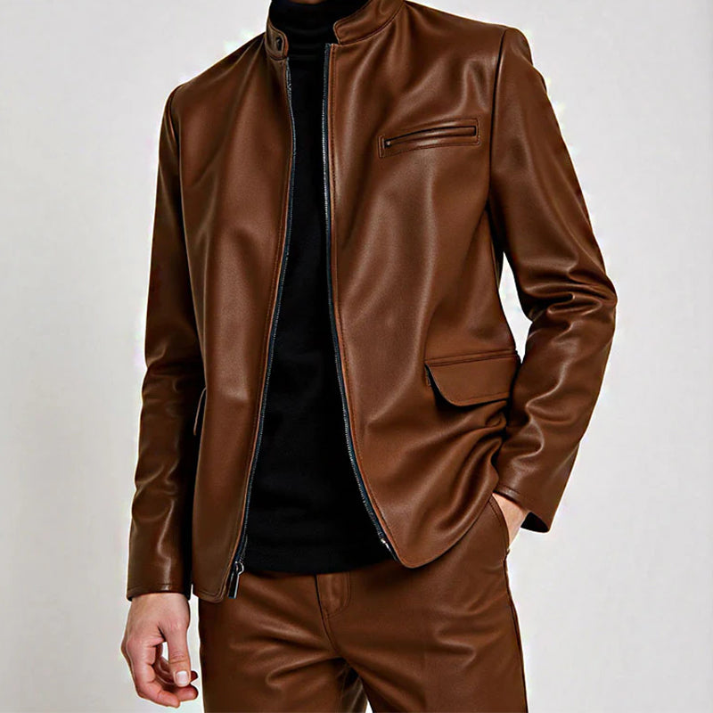 Men's Stand Up Collar Long Sleeve Leather Solid Color Jacket 9953865334968