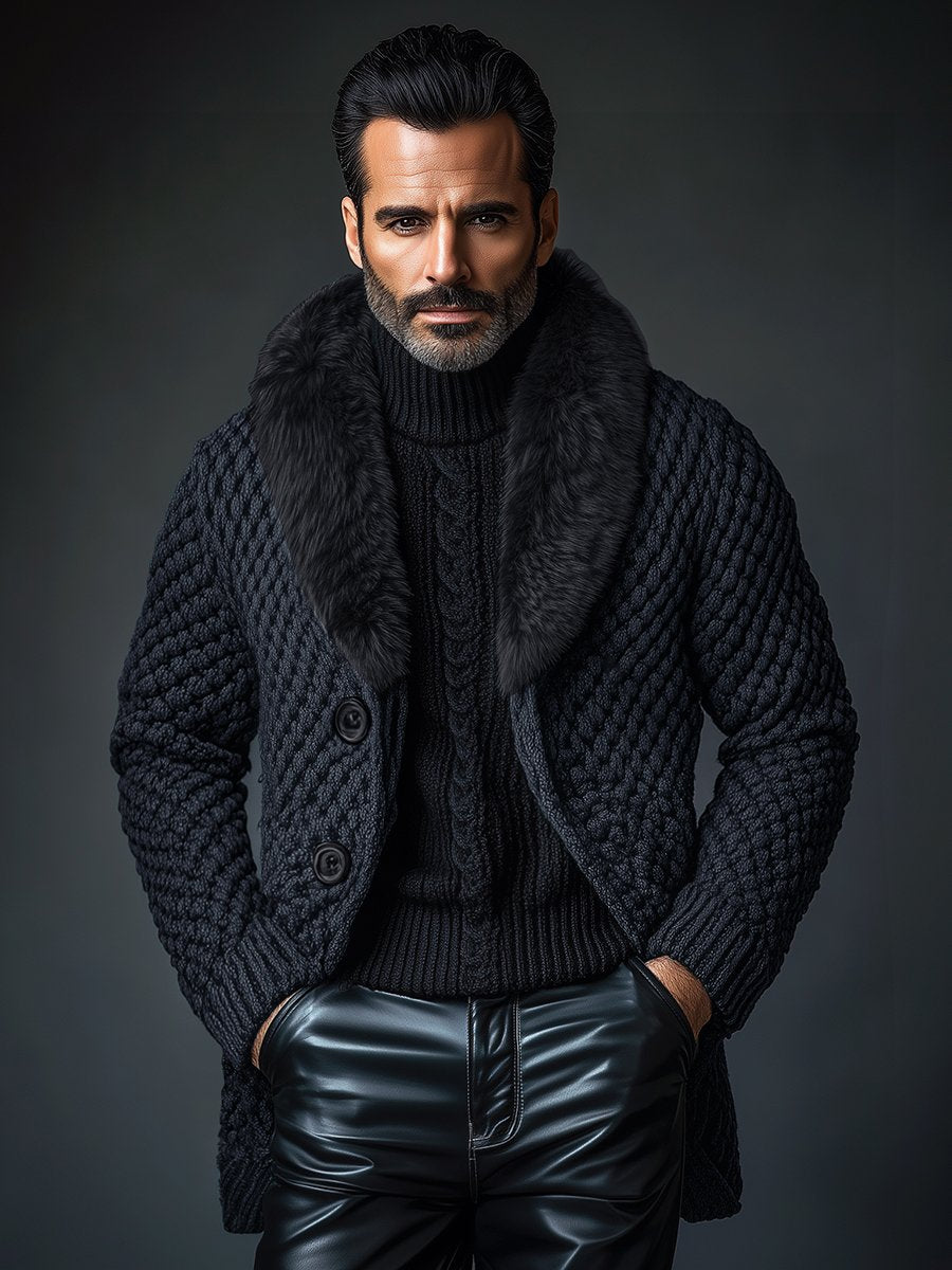 Men's Vintage Faux Fur Collar Single-breasted Knitted Cardigan 9888736280760