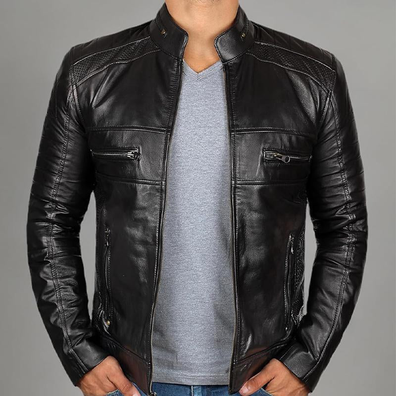 Men's Solid Color Lapel Zipper Leather Jacket 9873141334200
