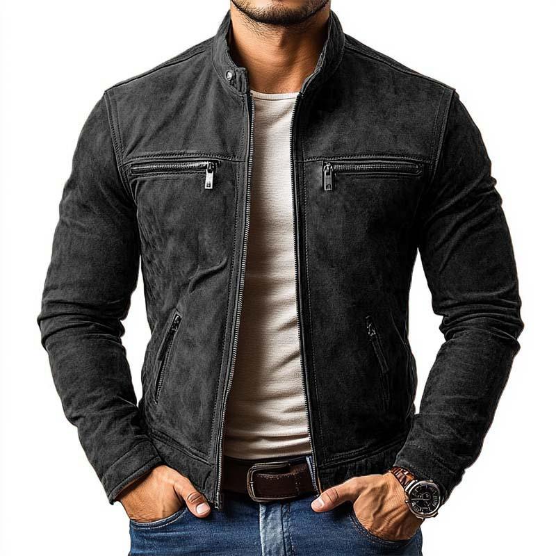 Men's Classic Casual Slim Fit Zipper Multi-Pocket Stand Collar Suede Jacket 9261089063096