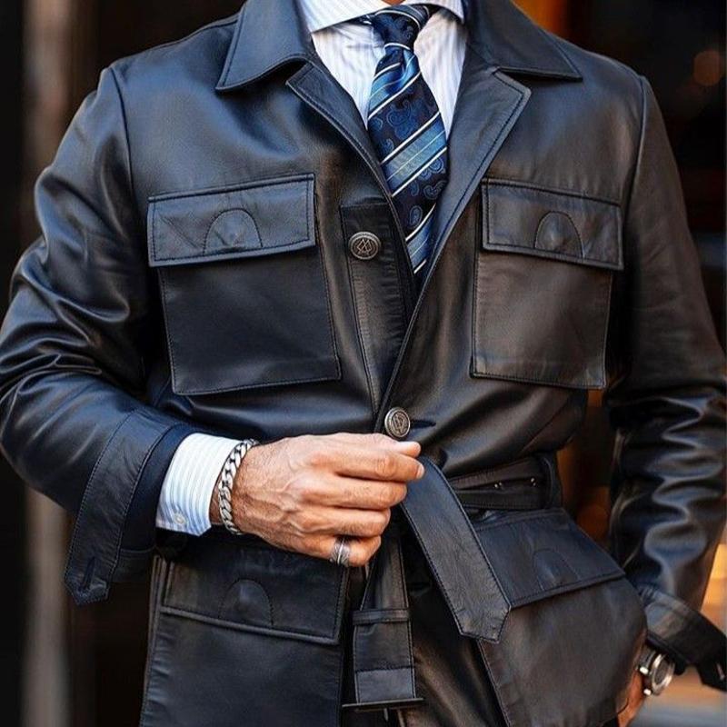 Men's Solid Black Belt Lapel Leather Jacket 9873521639608