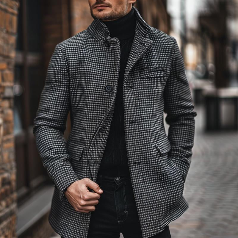 Men's Retro Slim Stand Collar Houndstooth Coat 9274167853240