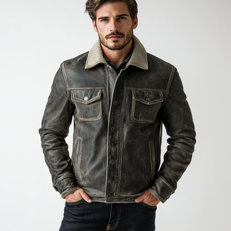 Men's Distressed Lambswool Lining Leather Jacket 9272270127288