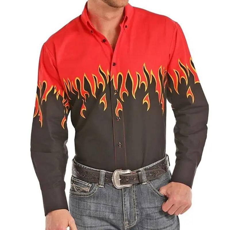 Men's Flame Print Resort Lapel Long Sleeve Shirt 9261814284472