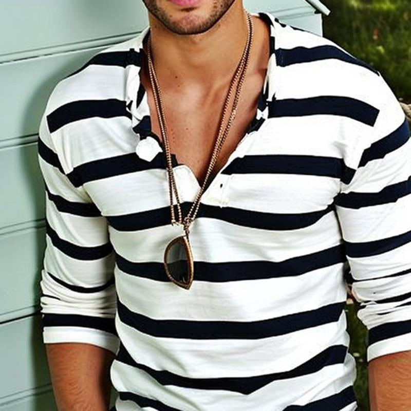 Men's Casual Striped Henley Collar Long Sleeve T-Shirt 9261117243576