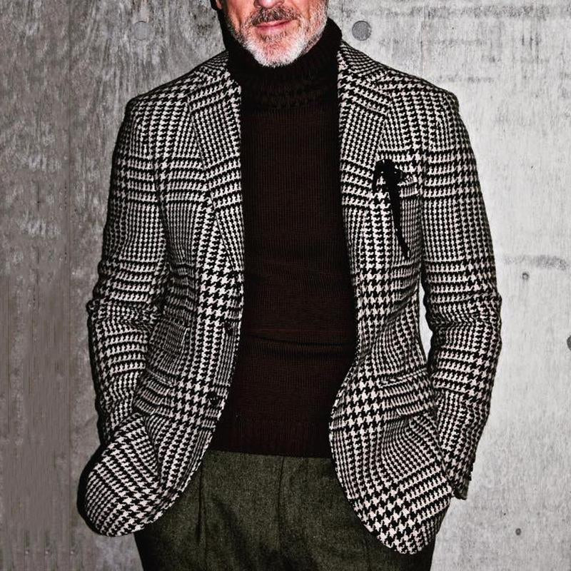 Men's Vintage Black and White Plaid Two-button Blazer 9886817812664